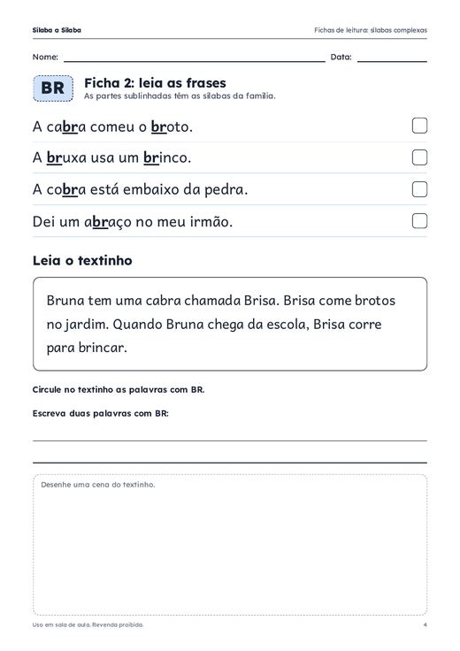 Ficha de frases e textinho da família BR