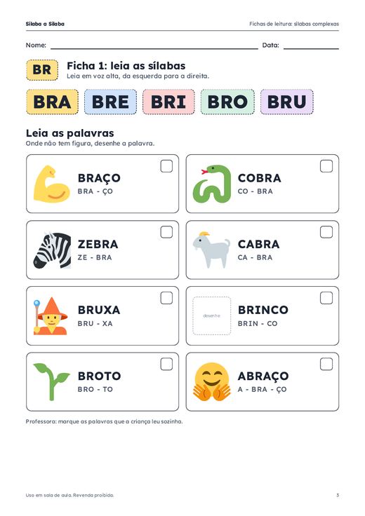 Ficha de leitura da família BR, com sílabas e palavras ilustradas