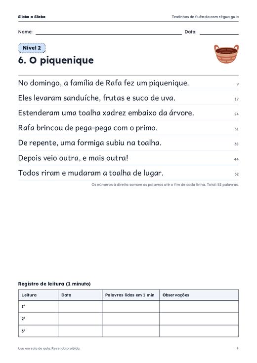 Texto de fluência com contagem de palavras e registro de leitura