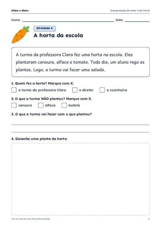 Atividade de interpretação de texto com perguntas
